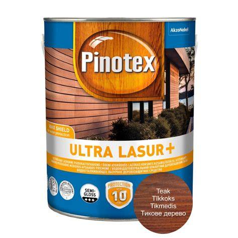 Pinotex Ultra Lasur+ tikmedis 3L - produkto pakuotė ir spalvų paletė