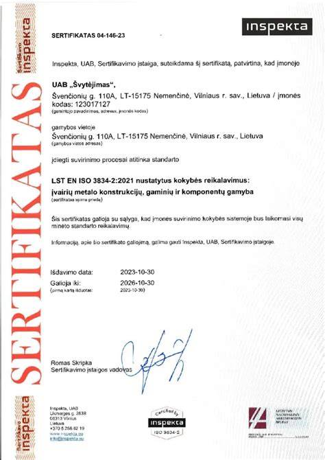 LST EN 12201-2, LST EN 13244-2 sertifikatai ir ISO 9001