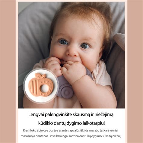 Silikoniniai kūdikių kramtukai skirtingų formų ir spalvų, skirti raminti dantų dygimo skausmą