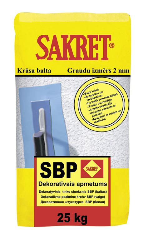 Mozaikinis Sakret tinkas. Pagrindiniai komponentai: cemento-kalkių mišiniai, dekoratyvinis rišiklis, gruntas.
