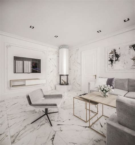 Klasikinio interjero su marmuro plytelėmis pavyzdys