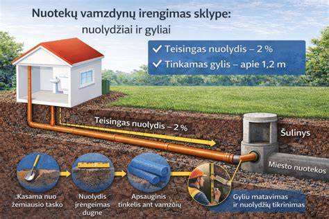 Infografika: kanalizacijos vamzdžių klojimo gyliai, nuolydžiai ir SN klasės