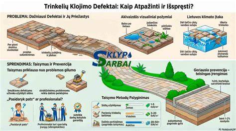Trinkelių klojimo vaizdas: kampų korekcija ir lygiavimas