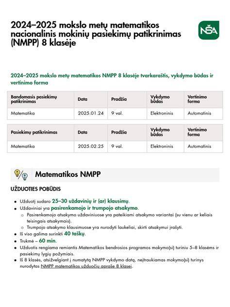 Infografika: NMPP struktūra ir 8 klasės testų trukmės