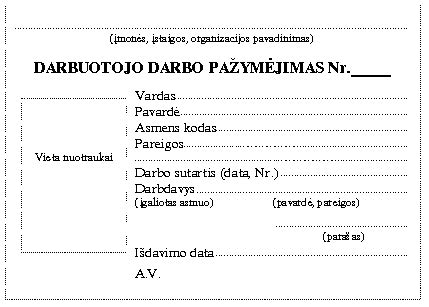 Darbo pažymėjimo pavyzdys su rekvizitais