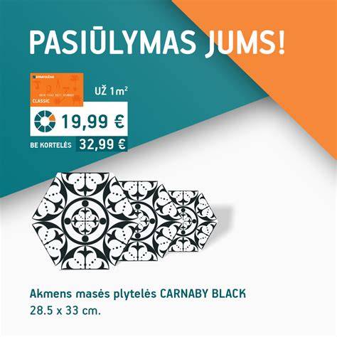 Juodos ir baltos plytelių derinimo pavyzdys (infografika): naudojami dideli matmenys, neutrali spalva