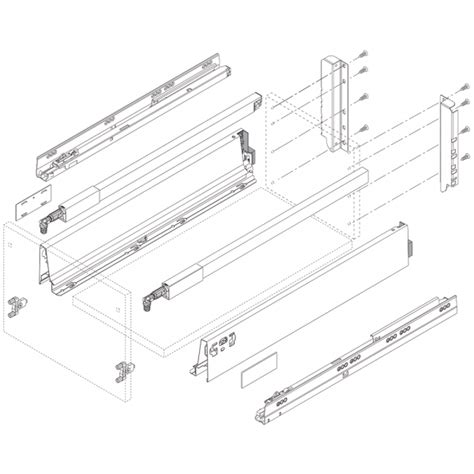 Blum TANDEMBOX antaro stalčiaus su aukštu fasadu ir relingu montavimo schema