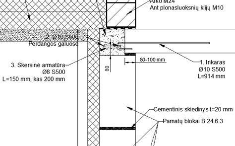 Informacinis CAD brėžinys su perdangos spektru: ilgi, plotis, įtemptojo plieno linijos