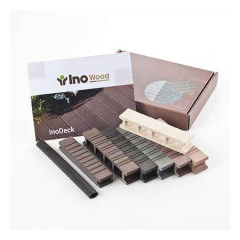 InoWood terasinės lentos spalvų paletė ir dėžės vizualizacija