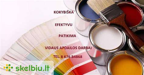 Infografika apie vidaus apdailos darbus: proceso etapai, terminai ir atsakomybės