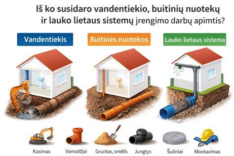 Infografika: lauko lietaus vamzdžių įrengimo schema