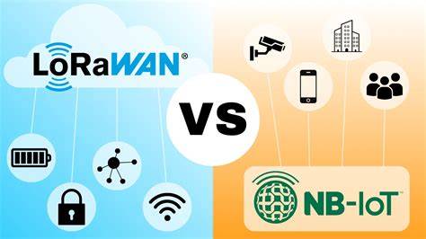 Infografika: LoRaWAN vs NB-IoT duomenų perdavimo architektūra