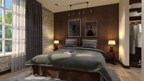 Vintažinis miegamojo interjeras su dekoratyvinėmis plokštėmis