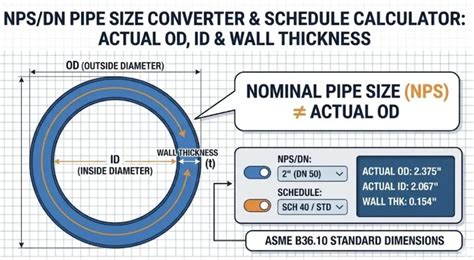 Infografika: Vamzdžių dydžių skaičiavimo schema (OD, ID, WT, NPS, DN)
