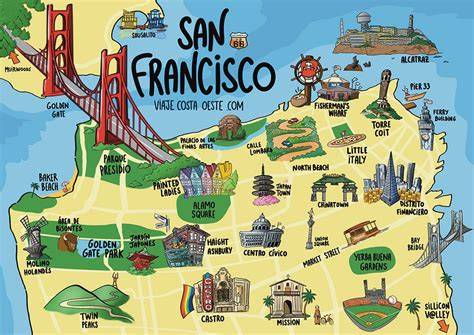 San Francisko žemėlapio išklotinė su žymėtomis vietomis