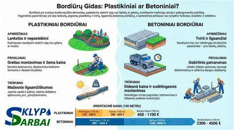 Vejos bortų įrengimo procesas schema: paženklinimos ribos, griovio kasimas, bortų įstatymas, užpildymas ir lyginimas