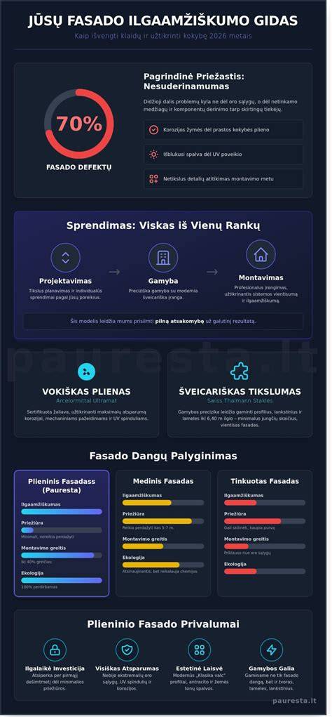 Infografika: fasado montavimo žingsniai ir matmenys