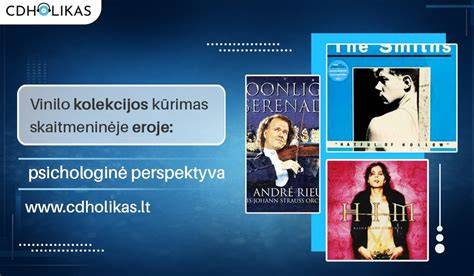 Vinilo kolekcijos vizualizacija: skirtingų dydžių plokštelės, vokai ir pakuotės