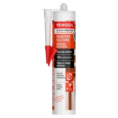 Infografika: Penosil PAINTERS’ SILICONE charakteristikos - vidaus ir lauko naudojimas, atsparumas drėgmei, džiūvimo laikas