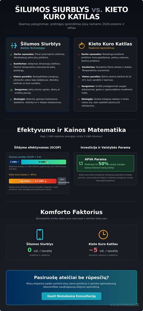 Infografika: skirtingų šildymo sistemų palyginimas (vandens, elektrinės, oro cirkuliacijos)