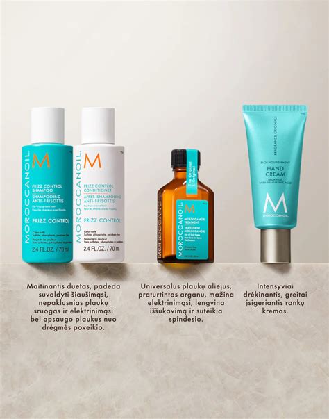 Infografika: Moroccanoil priemonių linija ir jų funkcijos