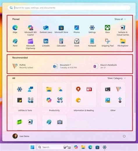 Infografika: Windows 11 pradžios meniu arba plytelių rodymo įrankiai