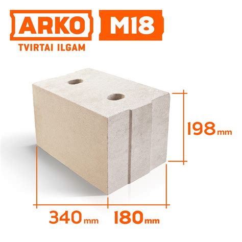 Infografika: ARKO M18 ir keramzitinių blokų palyginimas - stiprumas, šiluminė varža, paviršiaus tekstūra