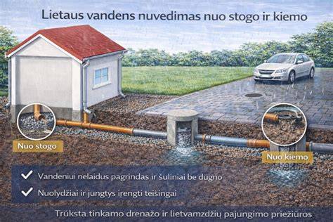 Lietaus drenažo schema: stogo nuvedimas, paviršiaus grotelės, požeminiai vamzdžiai