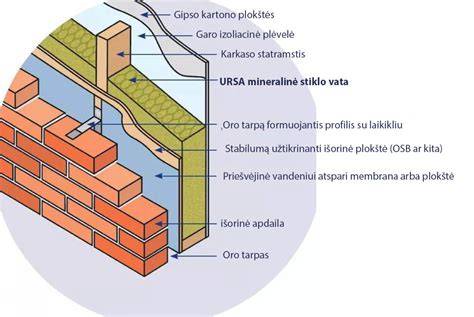 Lietuvių kalba: karkasinio namo statyba schemos iliustracija (infografika apie pamato hidroizoliaciją, rostverką, statramsčius, gegnes, murlotą ir šiltinimo sluoksnius)