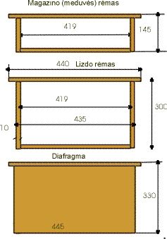 Infografika: Dadano-Blato avilių matmenys ir rėmų išdėstymas