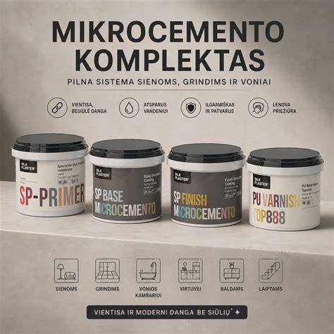 mikrocemento sistema schema: Base sluoksnis, papildomi sluoksniai, dekoratyviniai akcentai