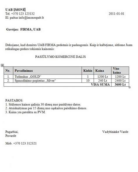 Lentelės formos komercinio pasiūlymo pavyzdys