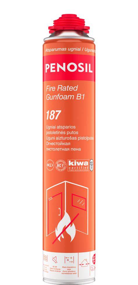 Produkto ugniai atsparumo putų pavyzdinė išvaizda - Gunfoam B1 187 balionėlis su aplikatorium.