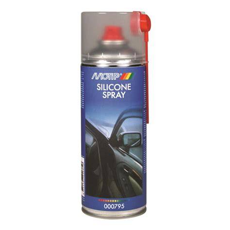 Motip Silicone Spray - vaizdas iš aliuminio galiuko ir skaidraus aerozolio buteliuko