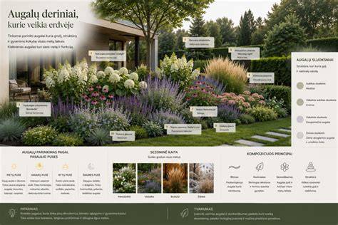 Šeimos sodo vizualizacijos infografika: augalų deriniai, sezoniniai darbai