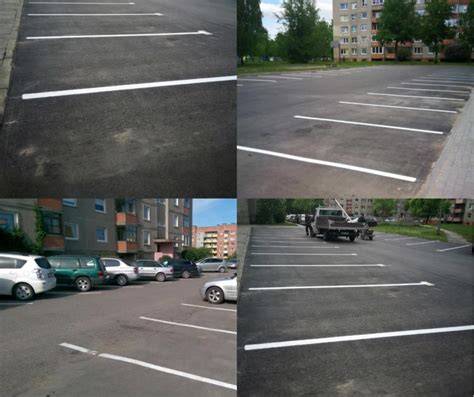 Asfalto ženklinimo įrenginys tiesia linijas stovėjimo aikštelėje