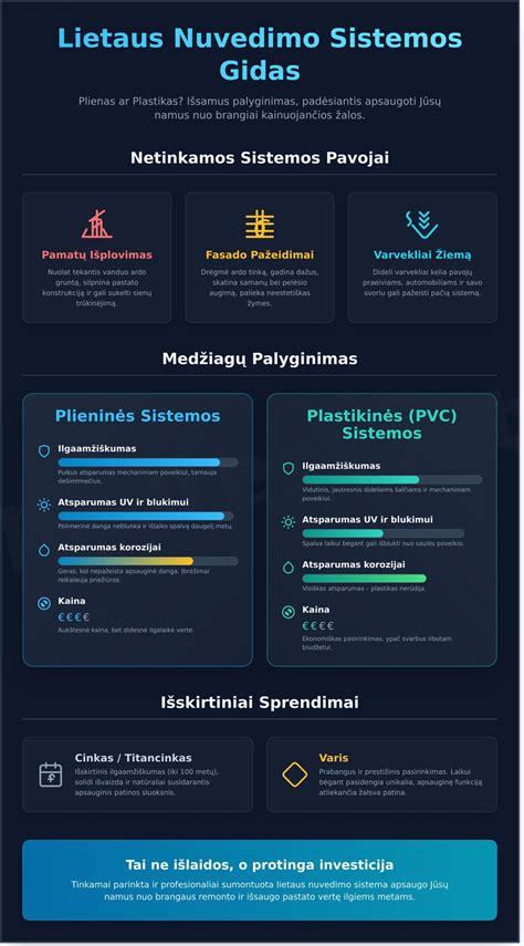 Infografika: latakų ir lietvamzdžių sistemos komponentai