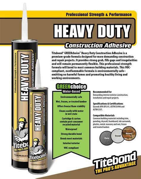 GREENchoice Heavy Duty Construction Adhesive infografika: veikimo principas, temperatūros diapazonas, darbo laikas