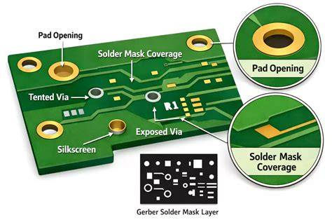 Solder mask ir silkscreen sluoksnių pavyzdys