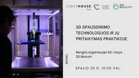 Infografika apie skirtingas 3D spausdinimo technologijas ir jų taikymo sritis