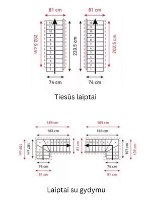 Infografika: betoninių laiptų sudedamosios dalys, jų matmenys, tipai