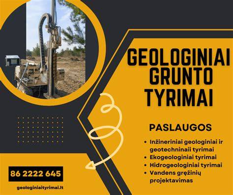 Geologiniai grunto tyrimai ir rostverko įrengimas vizualiai iliustruoja pamato konstrukciją