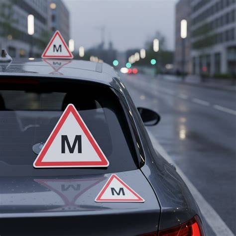 Baltas lygiakraštis trikampis su raudonu apvadu ir juoda „M“ centro vieta