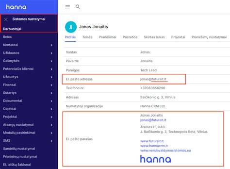Kontaktų informacijos kortelė - telefonas, el. paštas, adresas