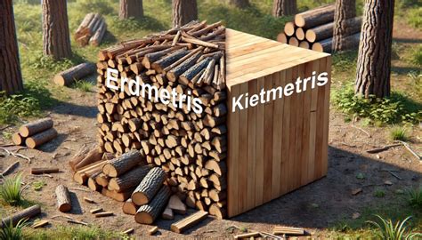 Erdmetrio ir kietmetrio konceptų iliustracija: tarpai tarp malkų ir jų įtaka tūriui