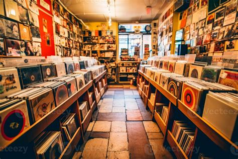 Vinyl record shop ambiance with shelves of records and a turntable