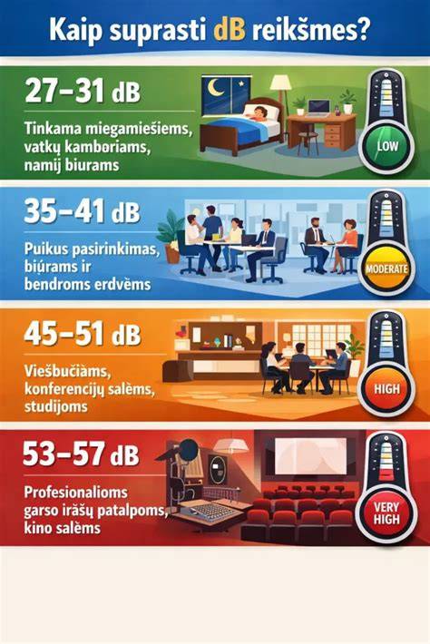 Infografika: garso izoliacijos lygiai ir jų poveikis triukšmo lygiui