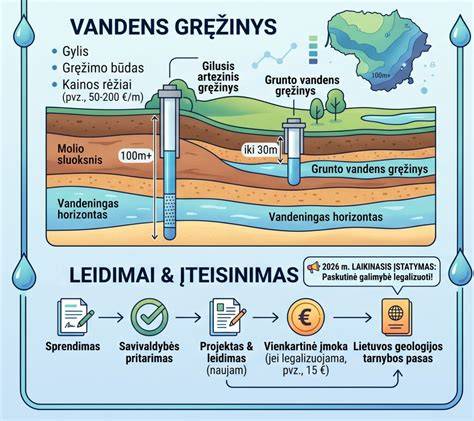 Gręžinio įrengimo proceso iliustracija: išpumpavimas, filtrų pripildymas, vamzdžių montavimas