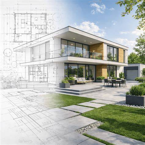 Grafinis vaizdas: akmens trinkelių kiemo projektas su skaldžiu paviršiumi ir įvažiavimu