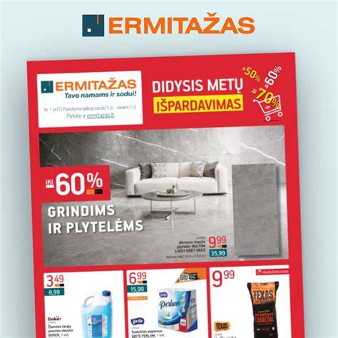 Ermitažo parduotuvės interjeras ir prekystaliai su plytelių klijais bei statybinėmis medžiagomis